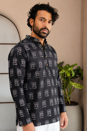 Mens Black Printed Linen Short Kurta (ACB2372)