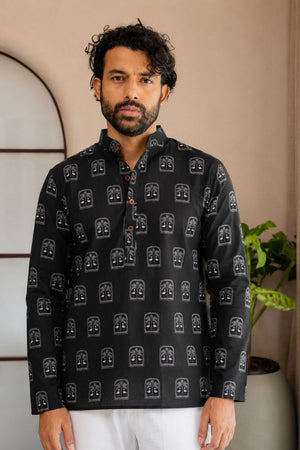 Mens Black Printed Linen Short Kurta (ACB2372)