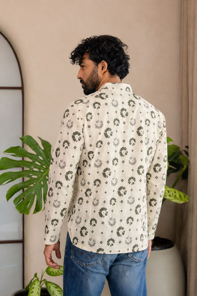 Mens Off White Printed Linen Short Kurta (ACB2373)