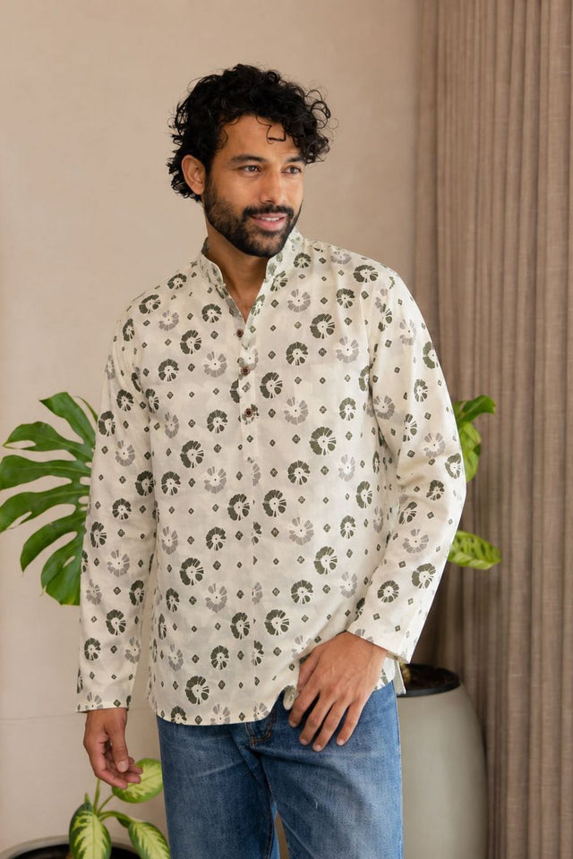 Mens Off White Printed Linen Short Kurta (ACB2373)