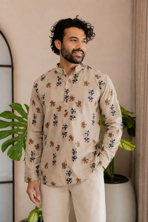 Mens Grey Printed Linen Short Kurta (ACB2374)