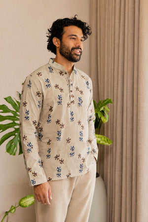 Mens Grey Printed Linen Short Kurta (ACB2374)