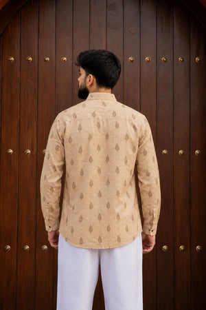 Mens Peach Printed Linen Short Kurta (ACB2375)