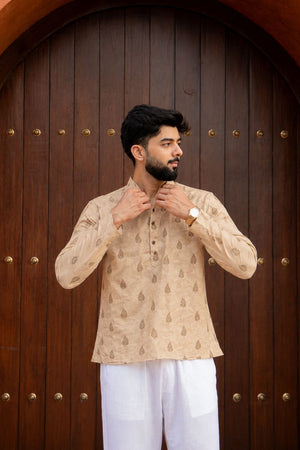 Mens Peach Printed Linen Short Kurta (ACB2375)