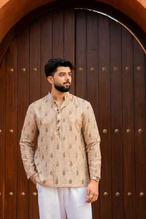 Mens Peach Printed Linen Short Kurta (ACB2375)