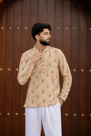 Mens Peach Printed Linen Short Kurta (ACB2375)