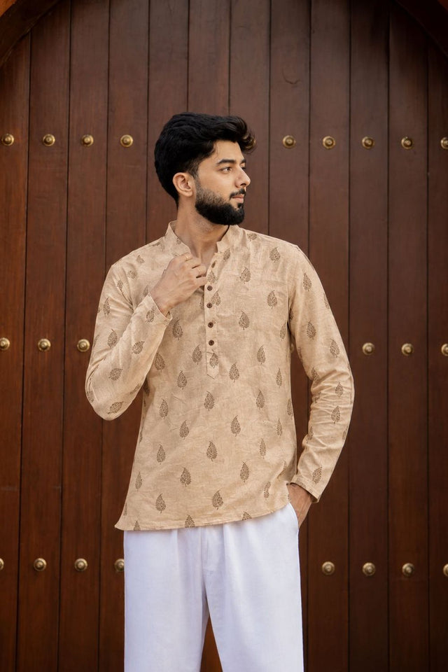 Mens Peach Printed Linen Short Kurta (ACB2375)
