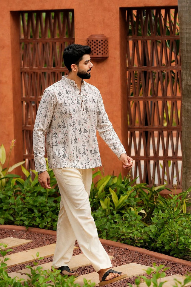 Mens Off White Printed Linen Short Kurta (ACB2376)