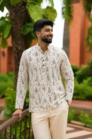 Mens Off White Printed Linen Short Kurta (ACB2376)