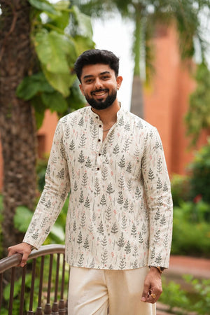 Mens Off White Printed Linen Short Kurta (ACB2376)