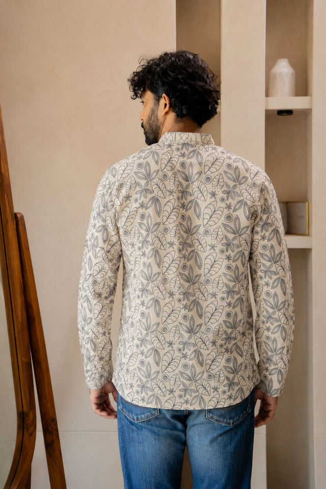 Mens Off White Printed Linen Short Kurta (ACB2377)