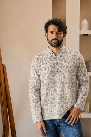 Mens Off White Printed Linen Short Kurta (ACB2377)