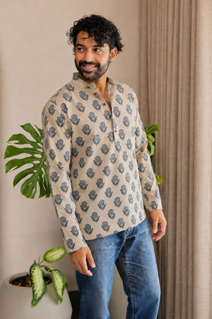 Mens Grey Printed Linen Short Kurta (ACB2378)