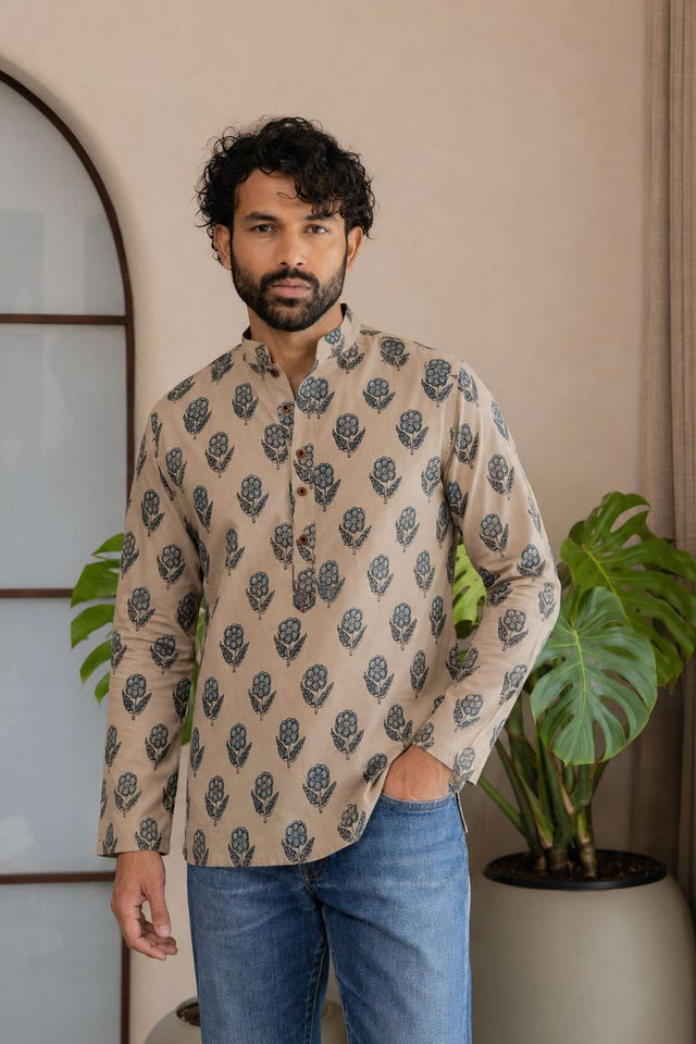Mens Grey Printed Linen Short Kurta (ACB2378)