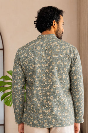 Mens Green Printed Linen Short Kurta (ACB2379)