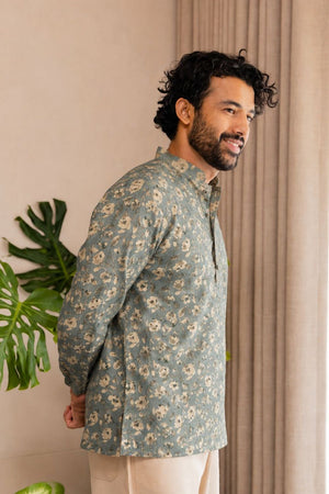 Mens Green Printed Linen Short Kurta (ACB2379)