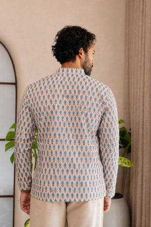 Mens Off White Printed Linen Short Kurta (ACB2380)
