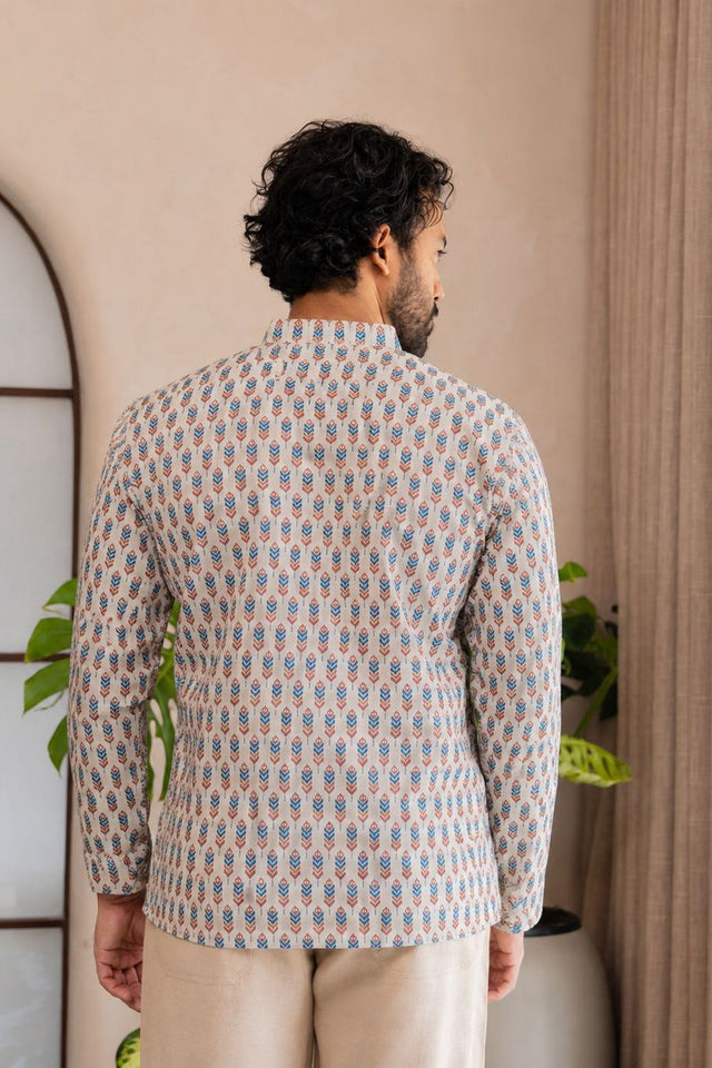 Mens Off White Printed Linen Short Kurta (ACB2380)