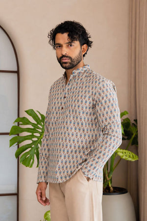 Mens Off White Printed Linen Short Kurta (ACB2380)