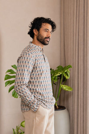 Mens Off White Printed Linen Short Kurta (ACB2380)