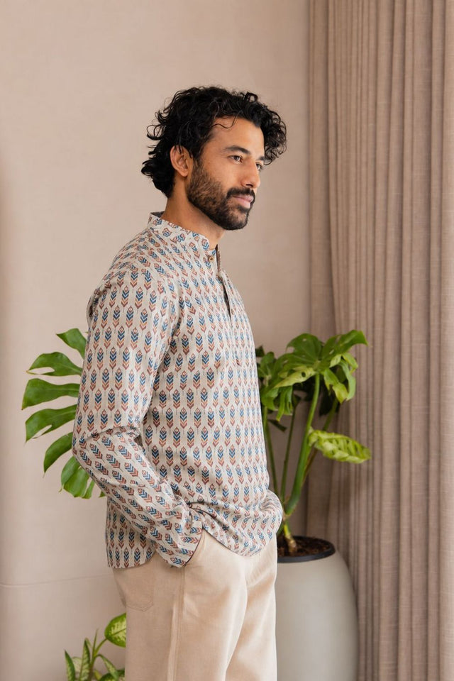 Mens Off White Printed Linen Short Kurta (ACB2380)