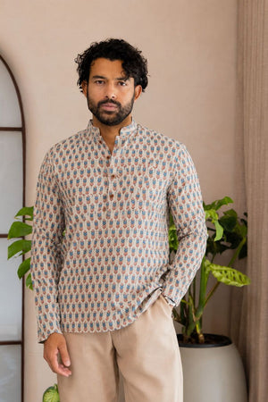 Mens Off White Printed Linen Short Kurta (ACB2380)