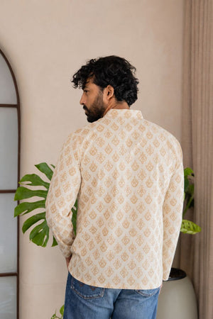 Mens Off White Printed Linen Short Kurta (ACB2381)