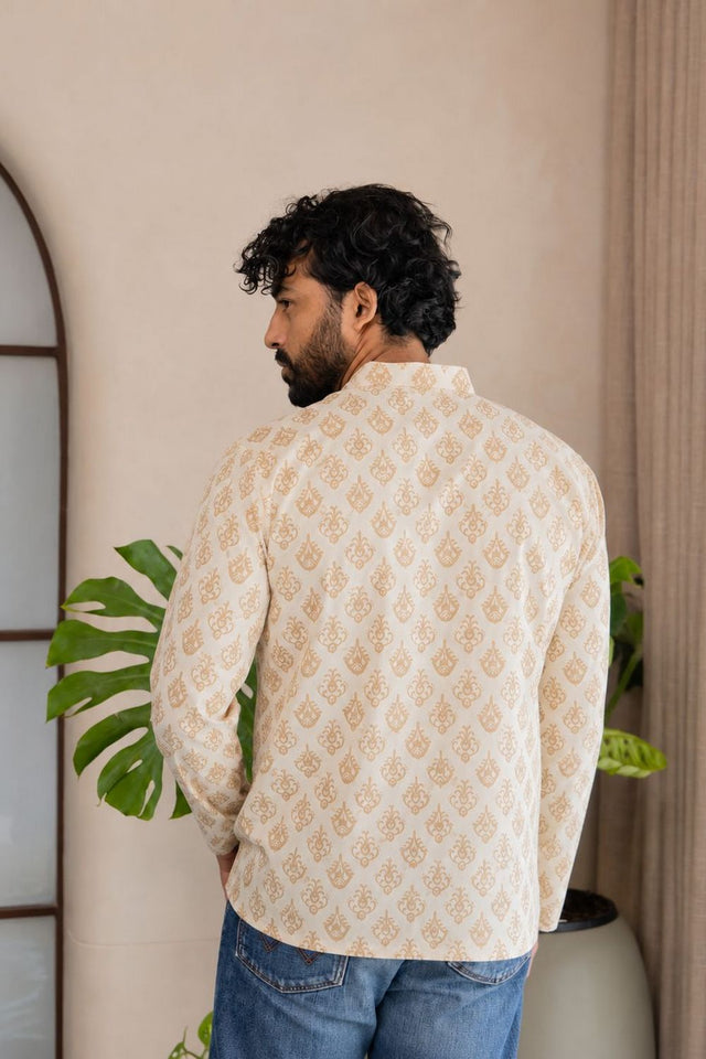 Mens Off White Printed Linen Short Kurta (ACB2381)