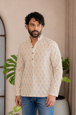 Mens Off White Printed Linen Short Kurta (ACB2381)