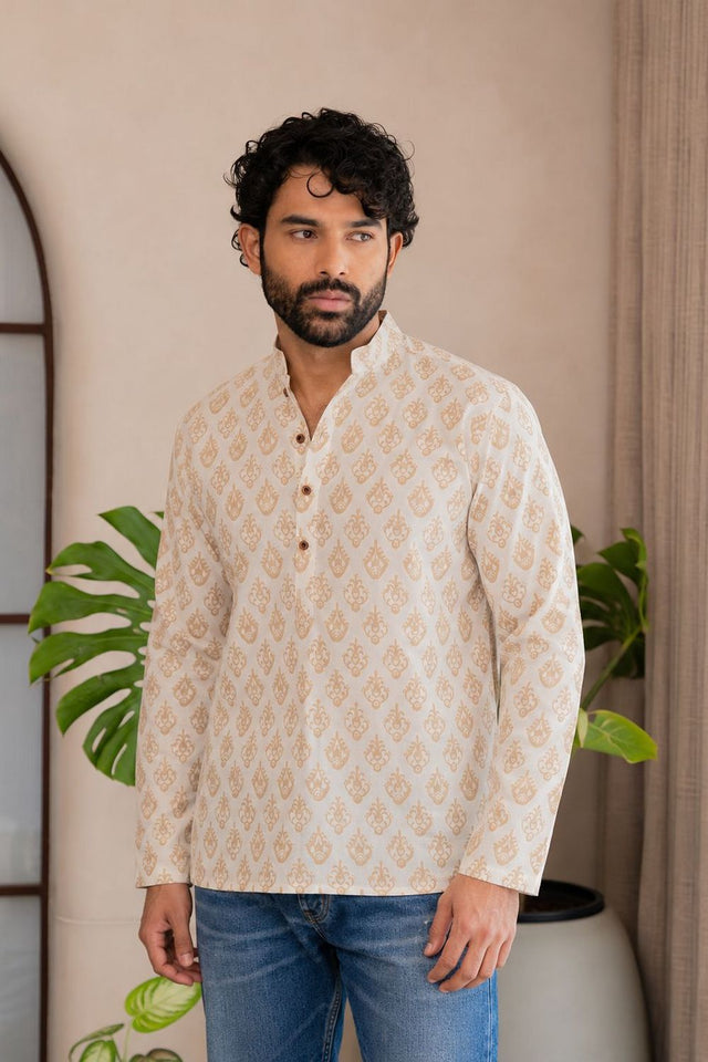 Mens Off White Printed Linen Short Kurta (ACB2381)