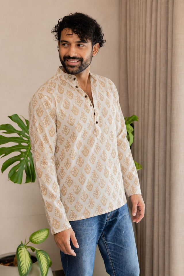 Mens Off White Printed Linen Short Kurta (ACB2381)