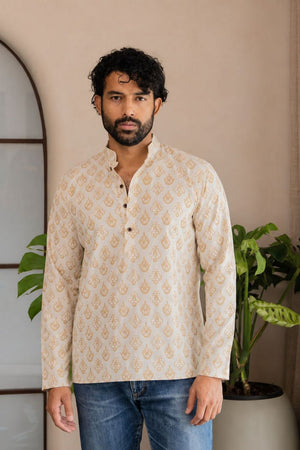 Mens Off White Printed Linen Short Kurta (ACB2381)
