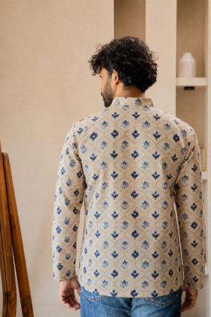 Mens Beige Printed Linen Short Kurta (ACB2382)