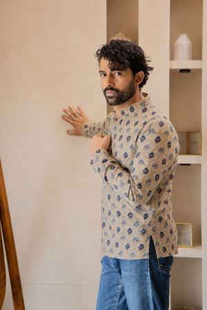 Mens Beige Printed Linen Short Kurta (ACB2382)