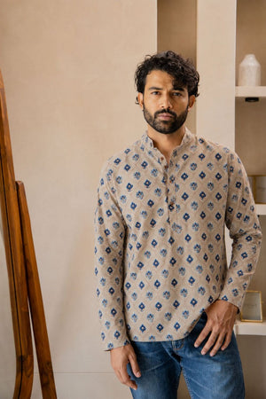 Mens Beige Printed Linen Short Kurta (ACB2382)