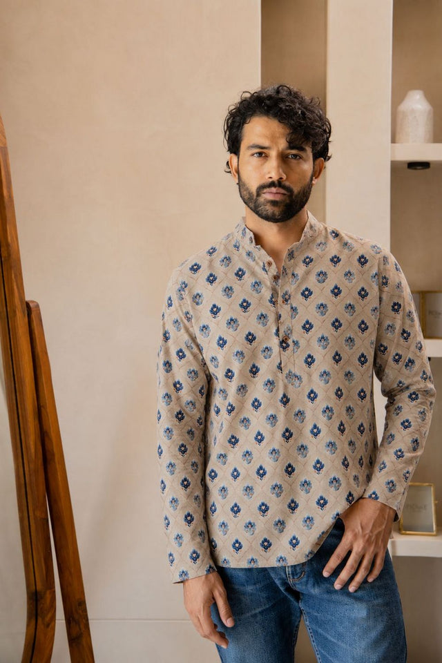 Mens Beige Printed Linen Short Kurta (ACB2382)