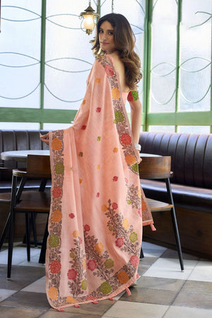 Peach Floral Woven Linen Saree (ACB2383)