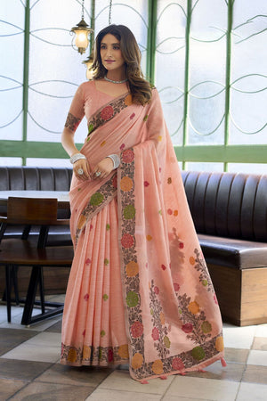 Peach Floral Woven Linen Saree (ACB2383)