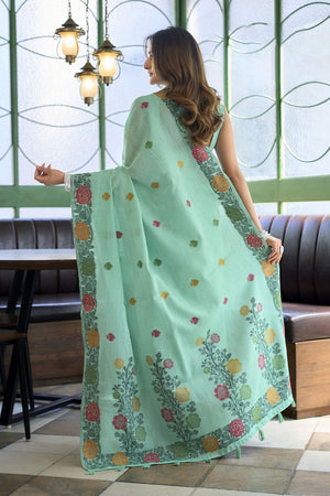 Sea Green Floral Woven Linen Saree (ACB2384)