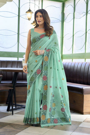 Sea Green Floral Woven Linen Saree (ACB2384)