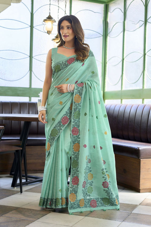 Sea Green Floral Woven Linen Saree (ACB2384)