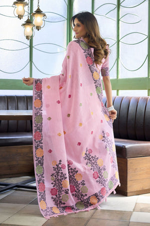 Pink Floral Woven Linen Saree (ACB2385)