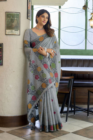 Grey Floral Woven Linen Saree (ACB2386)