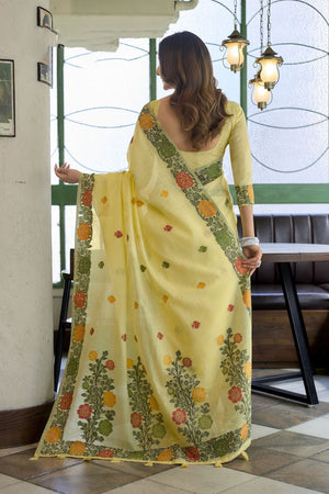 Yellow Floral Woven Linen Saree (ACB2387)