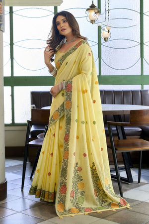 Yellow Floral Woven Linen Saree (ACB2387)