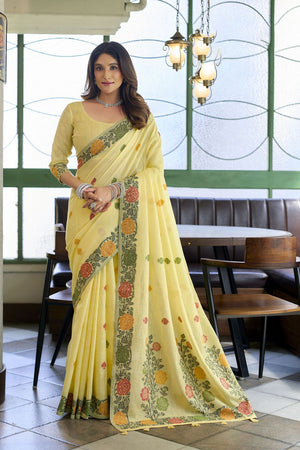 Yellow Floral Woven Linen Saree (ACB2387)