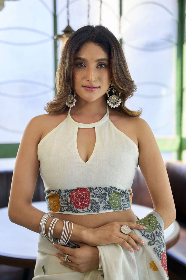 White Floral Woven Linen Saree (ACB2388)