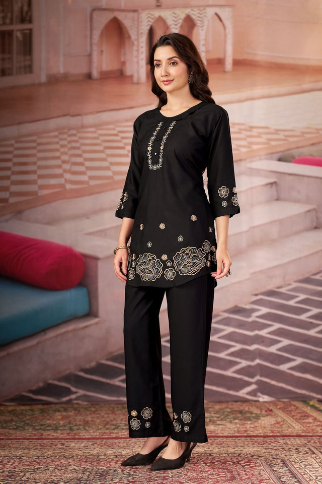 Black Floral Embroidered Rayon Co-Ord Set (ACB2413)