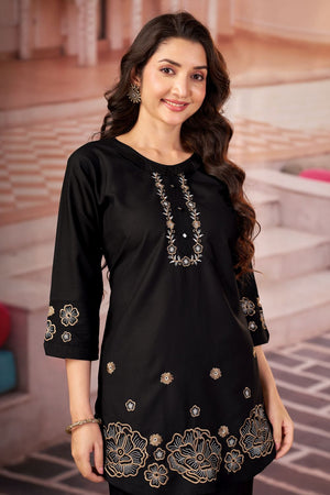Black Floral Embroidered Rayon Co-Ord Set (ACB2413)