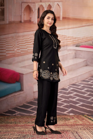 Black Floral Embroidered Rayon Co-Ord Set (ACB2413)